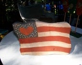 Primitive Folk Art - Wooden Patriotic Flag - Painted Wood Vintage Shelf Decor - Red White and Blue Home Decor - REDUCED 25%