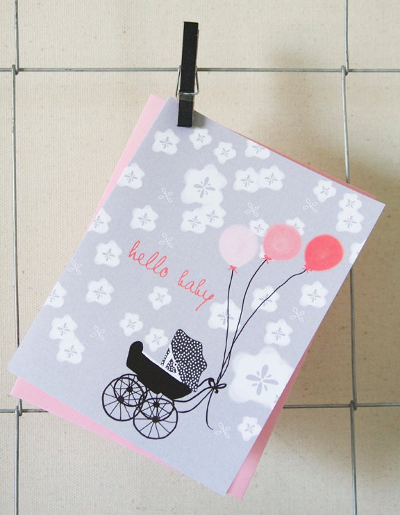 Hand illustrated new baby girl, greeting card, stationery