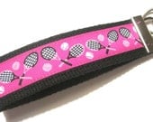 Key Chain...Key Fob...Wristlet...Lanyard...Camera Strap- Tennis Racquets, Players, Team, Balls on Hot Pink