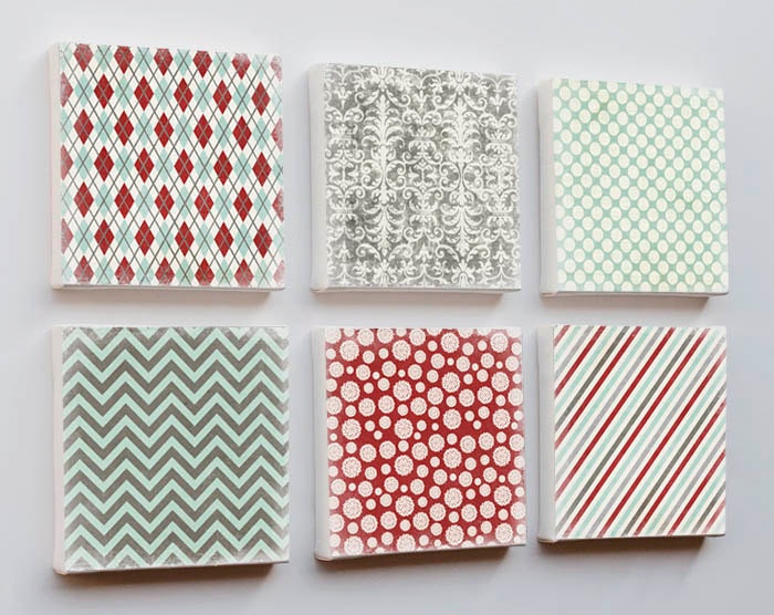 Festive Wall Art Geometric Pattern Set of 6 6x6 - contemporary canvas art prints gray green red stripes polka dot zig zag argyle holiday ar
