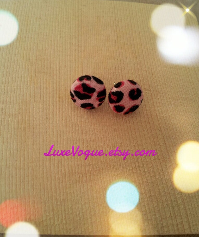 Pink Leopard Fabric Button Stud Earrings on Silver Plated Posts