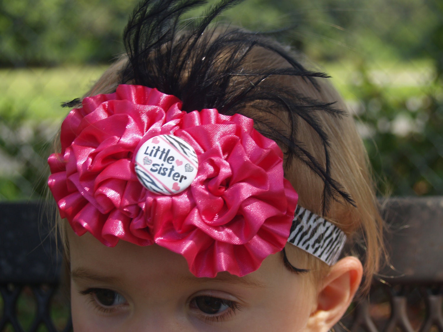 LITTLE SISTER-5/8'' Zebra elastic headband-Stunningly beautiful-black ostrich feathers-Photo Prop-HANDMADE-baby-toddler-girl-woman