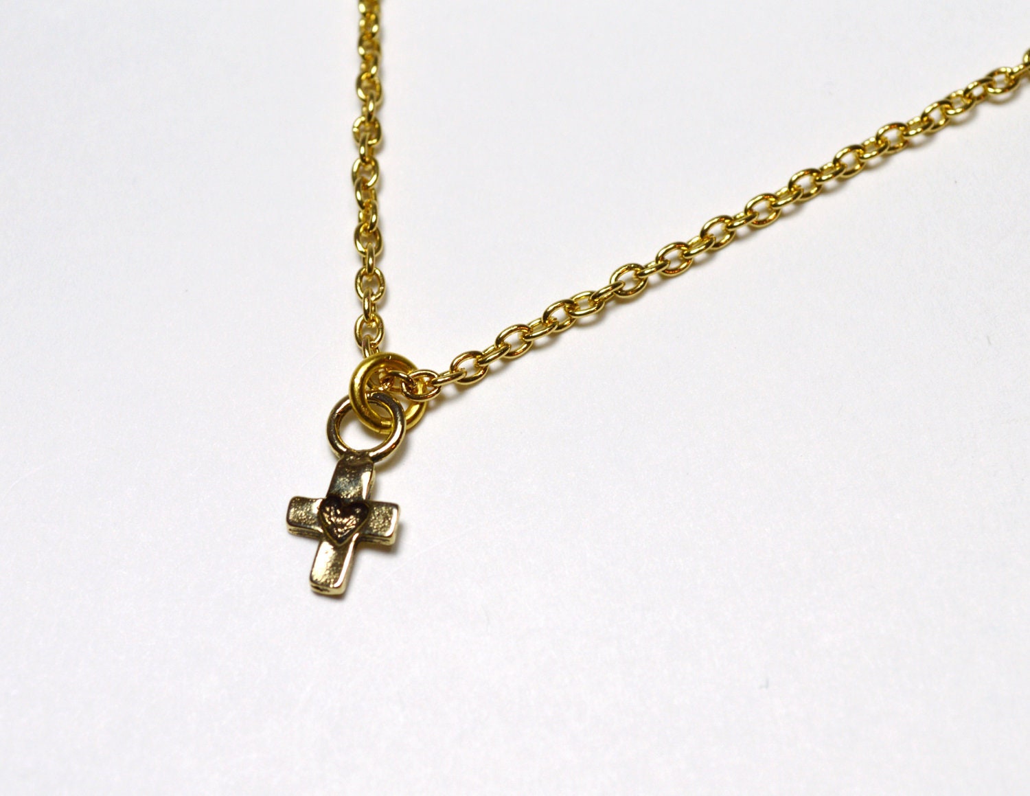 Little Gold Heart Cross Charm Necklace