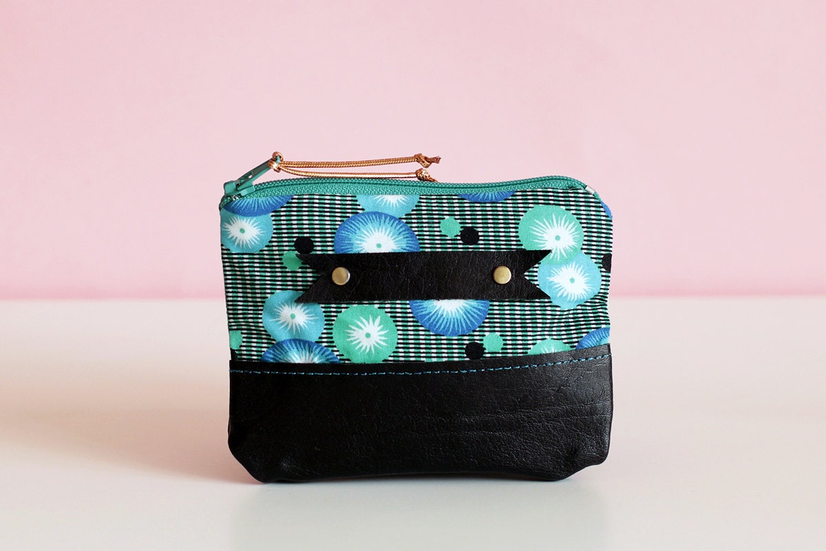 Leather and cotton pouch, green and blue Poppy print, coin purse
