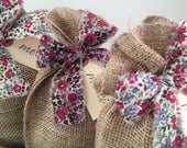Floral Gift Wrapping Set - 8 Burlap Bags, Torn Fabric Ribbon Bows & Manila Tags - Gift Wrap Kit - Perfect for Treats and Christmas Presents