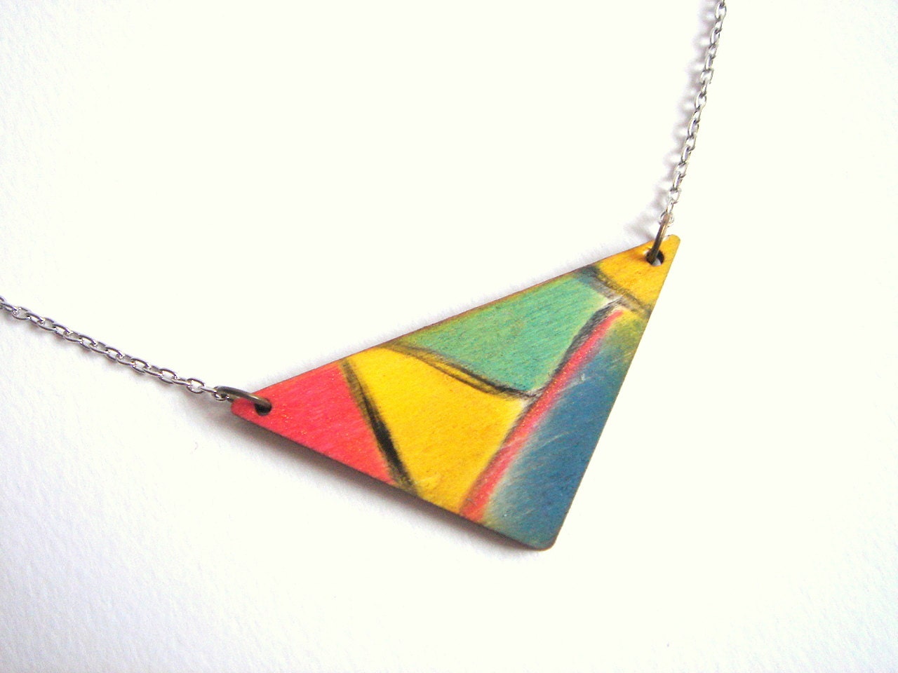 Hand painted Triangle Necklace, Wood Geometric Necklace,Geometric Jewelry