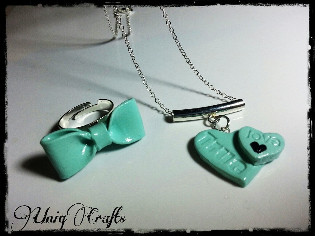 Polymer clay true love charrm, polymer clay jewelry, polymer clay bow, bow jewelry, stamped, jewelry set