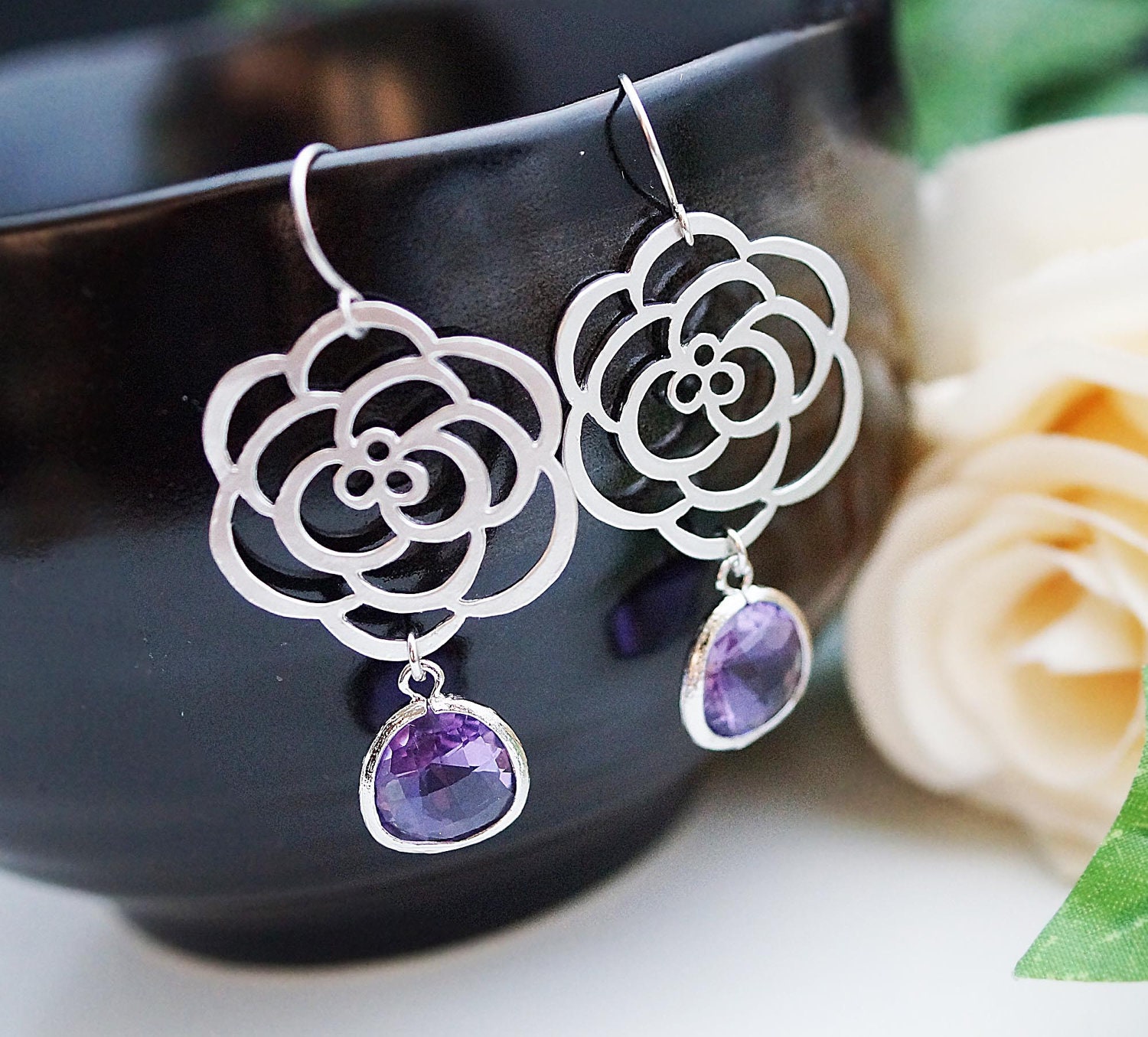 Everyday wear jewelry Dangle Earrings Matte rhodium plated flower charm with purple Glass Drops earrings gifts for her
