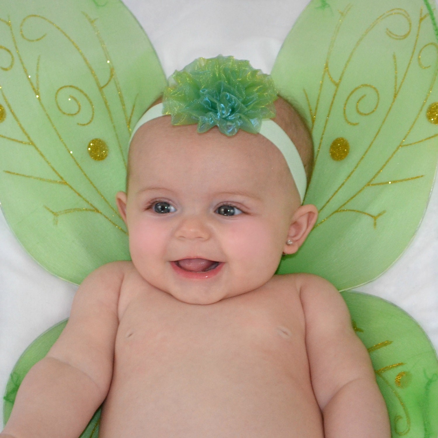 520 New baby headband with hair attached 496 Baby Headband Green Hair Bow Organza Flower on Light Green Headband   
