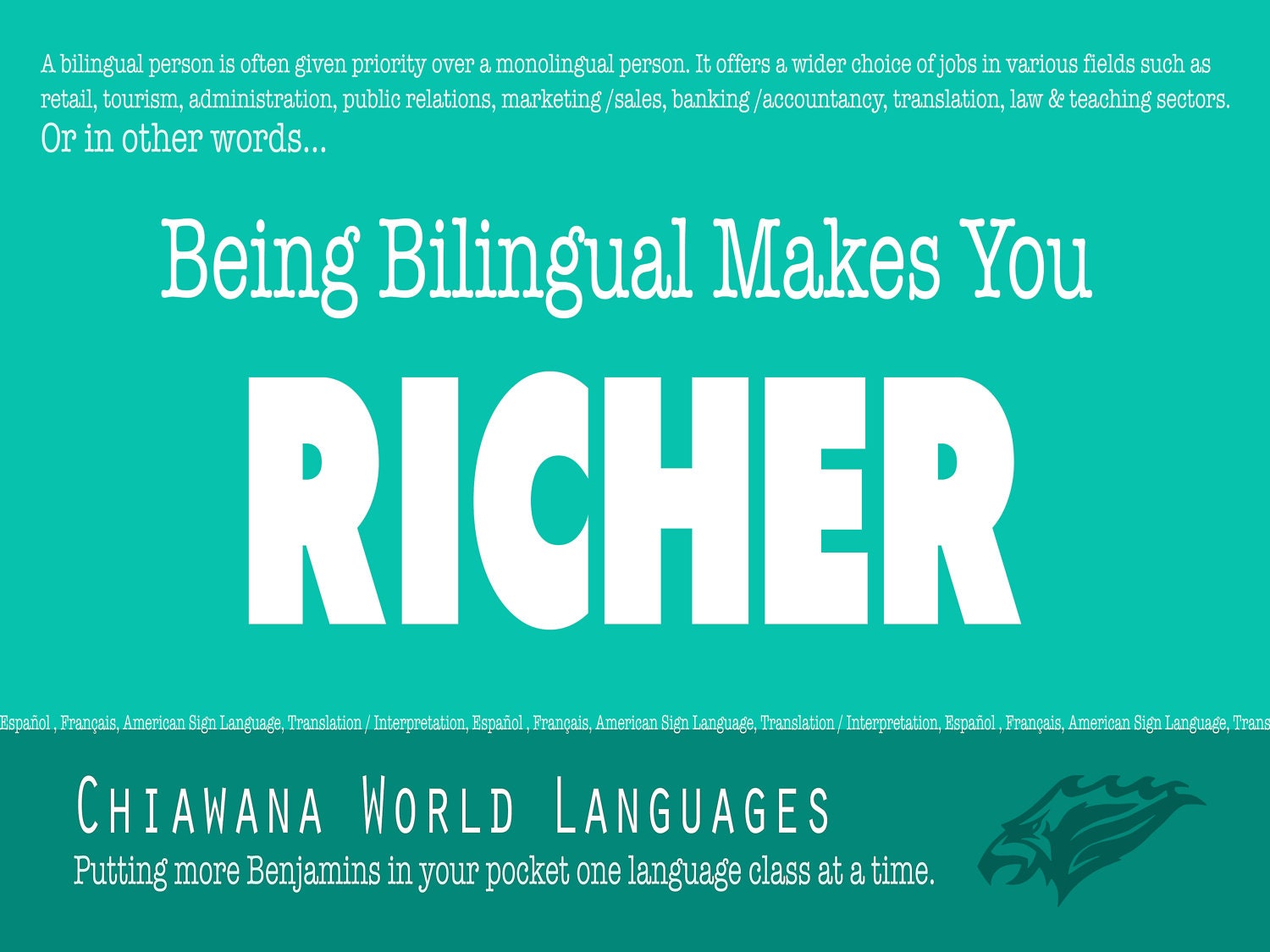 World Languages/Bilingual Poster - Being Bilingual Makes you Richer - 20x30 - Teal