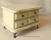 French shabby chic vintage dresser chest of drawers, cream white hand painted distressed velvet lined jewellery cabinet & brass lion feet