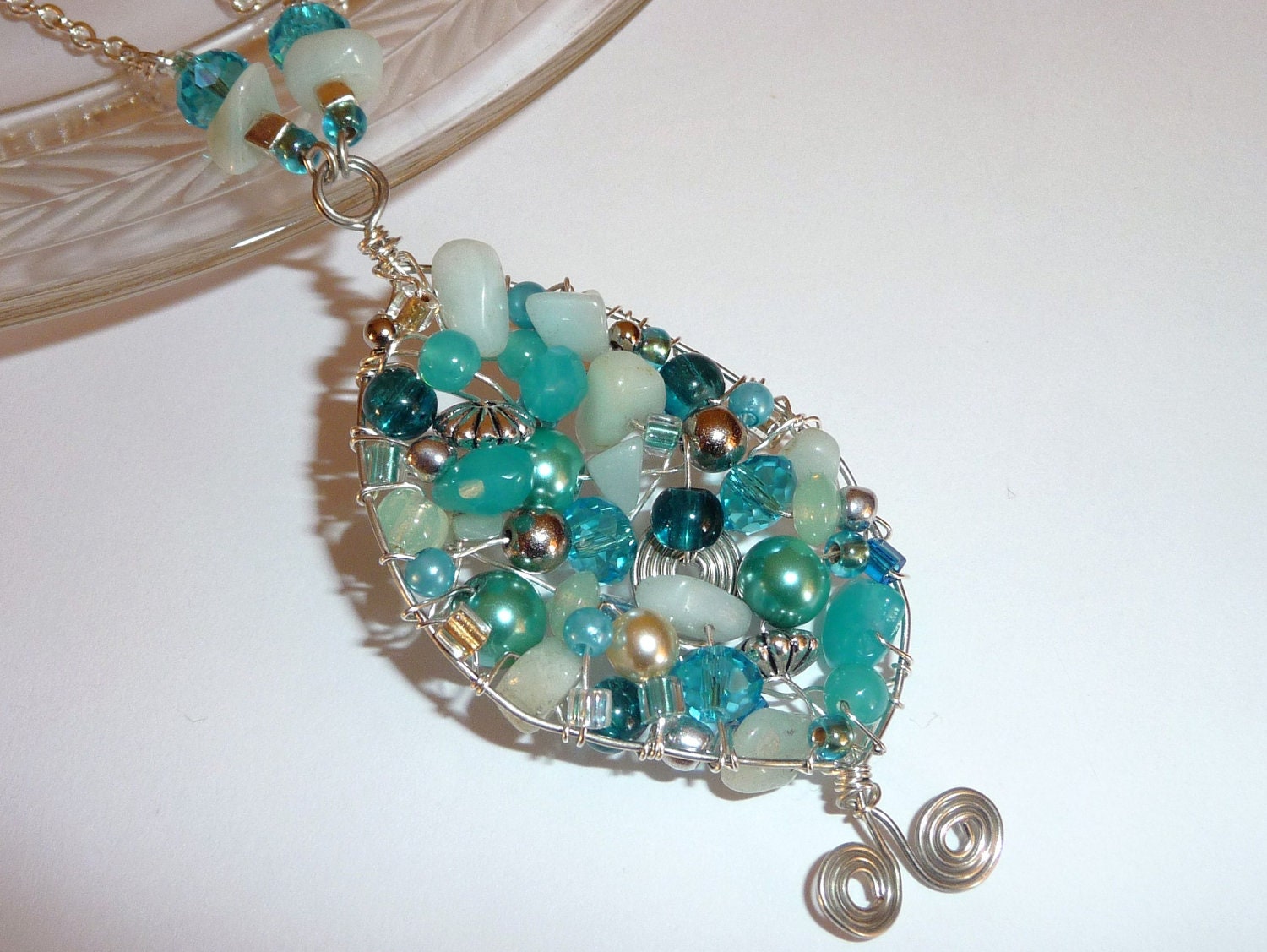 wire wrapped, pendant, semi precious stones, turquoise, glass and metal beads, necklace, silver aluminium wire, handmade, unique