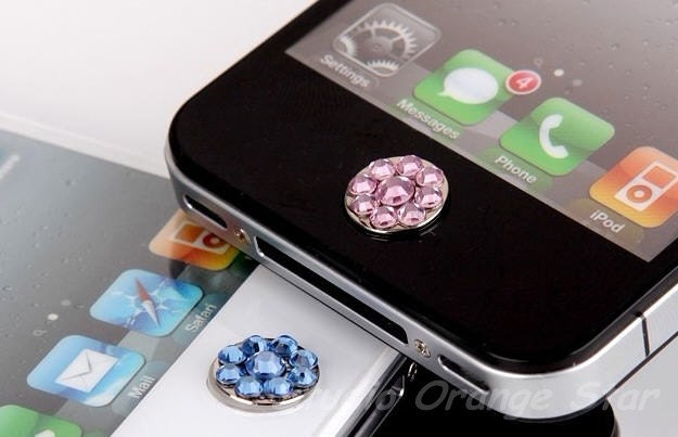 1PC Bling Crystal Swarovski Element Rhinestone Floral Apple iPhone Home Button Sticker, Cell Phone Charm, 4 Color Choice