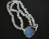 Vintage Jewelry - Opalite - White - Blue - Genuine - Stone - Carved Rose - Chip Bead - Beaded Charming Necklace Handmade
