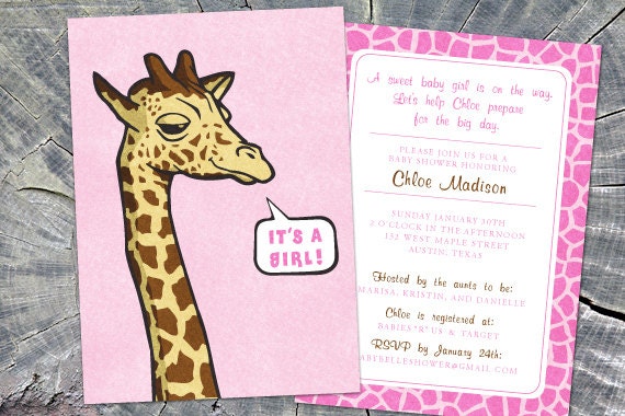 Baby girl shower invitation - Pink giraffe, It's a girl, 2-sided, customizable, DIY printable digital file