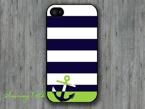 Iphone 4/4S Case - Anchor Personalized Navy Stripe on Iphone 4 case, Iphone 4S case, Plastic hard case, Waterproof iphone case