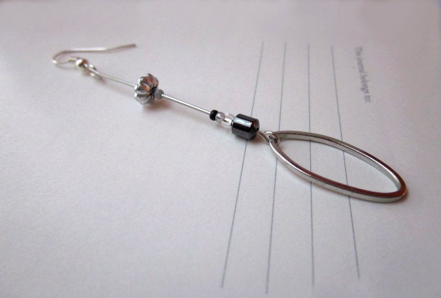 Sleek oval silver like with flower bead, black onyx crystal bead dangle recycled jewelry earrings