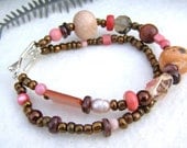 Chocolate Brown Peach Coral Pink Wood Glass Shell Clay Freshwater Pearl Double Strand Glass Bead Silver Toggle Clasp Bracelet