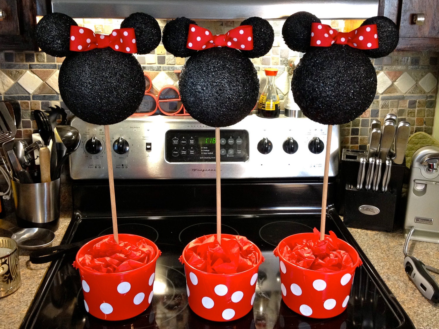 Items similar to Minnie Mouse centerpiece, topiary, RED or PINK and white, birthday party on Etsy