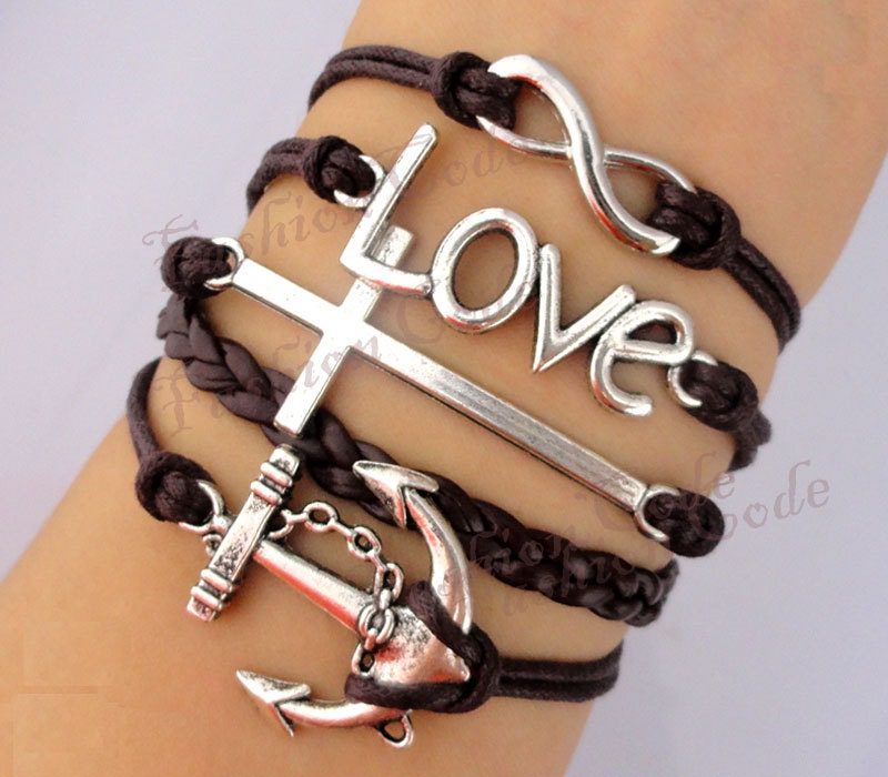 Infinity, Love, Cross and Anchor Bracelet in Silver-Wax Cords and Imitation Leather Bracelet - Customize Your Own Style