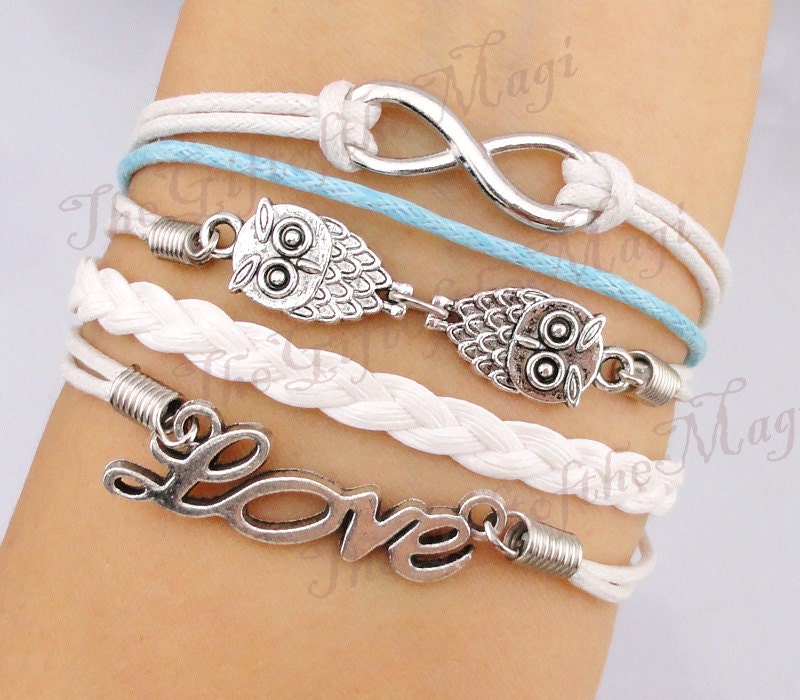 Infinity, Owl & Love Charm Bracelet-Silver, Wax Cords and Leather Braided Bracelet-Personalized, Friendship gift