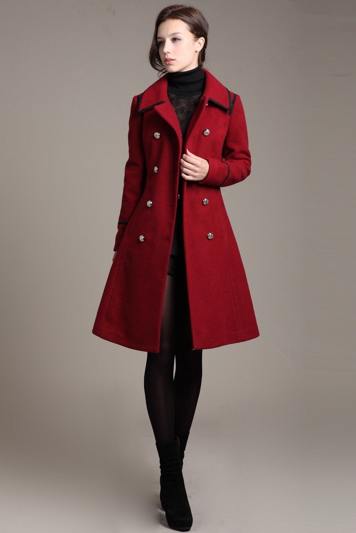 women's Wool clothing winter Coat Warm RED Cashmere duffle coat double breasted button coat
