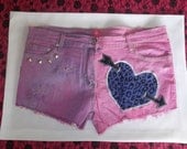 Customised, Pink, Studded Denim Shorts with Leopard Print Heart. Size 12.