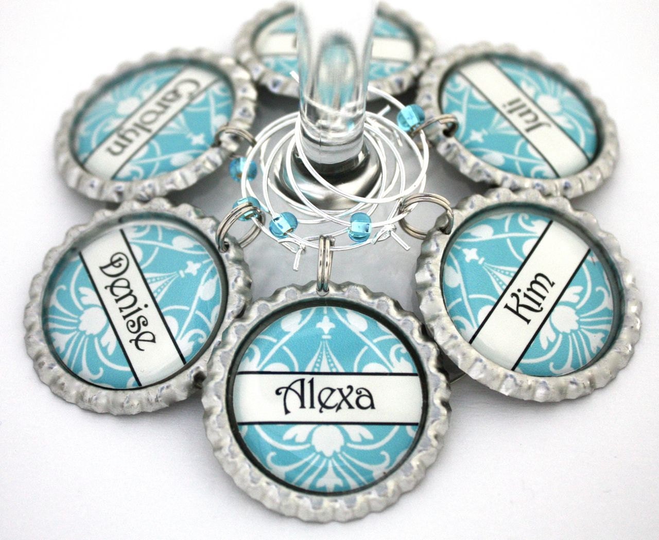 Bridal shower favor bachelorette party tiffany blue damask personalized wine charms.