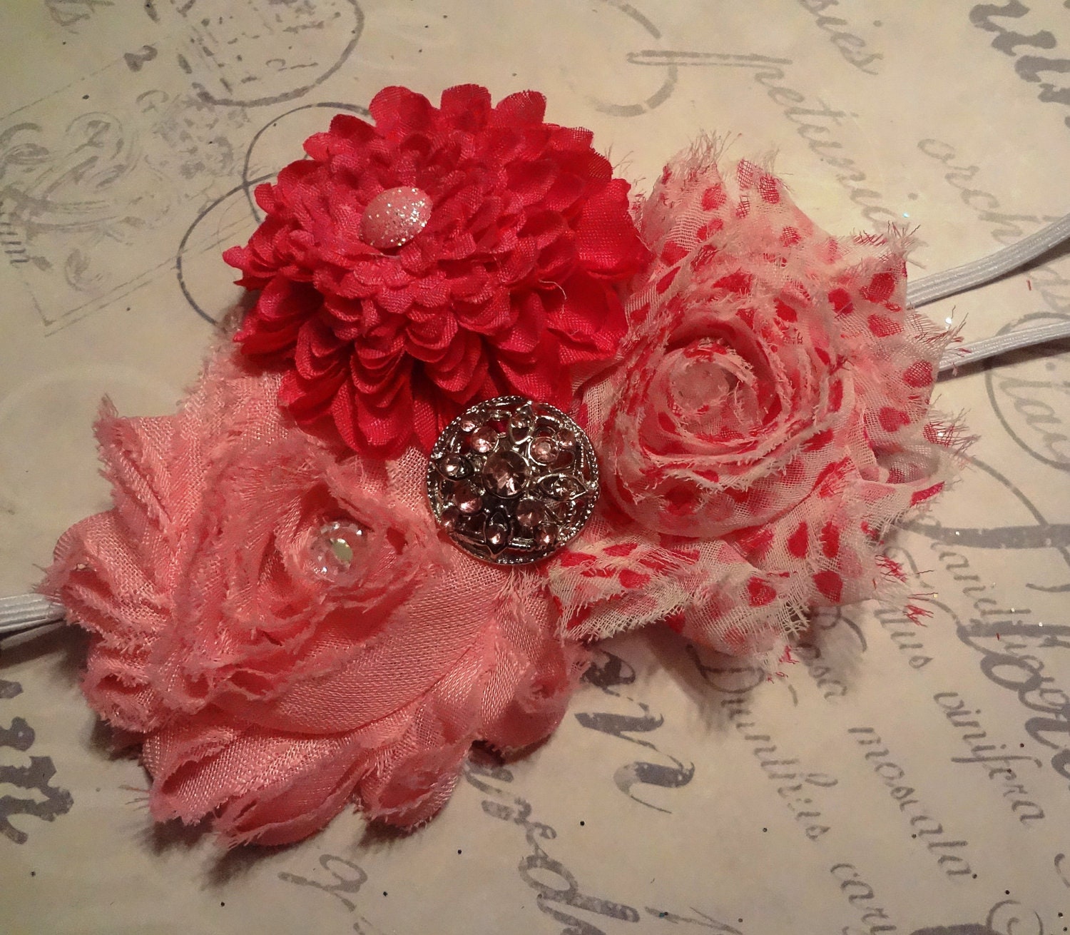 Shades of pink shabby chic cluster flowers elastic headband with bling bling.