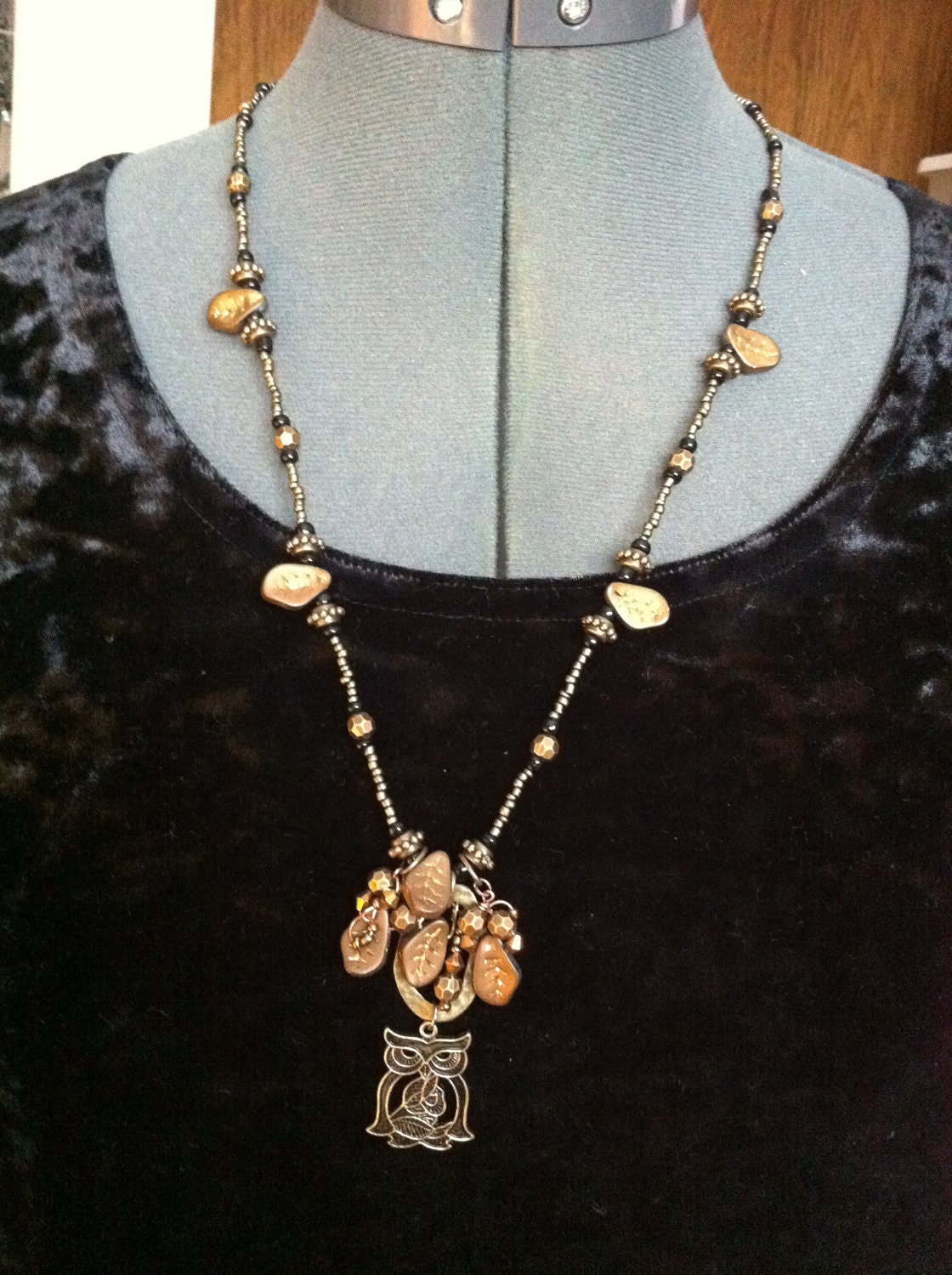 Beautiful Necklace with Metal Owl and Charm Pendants, Glass and Metal Beads