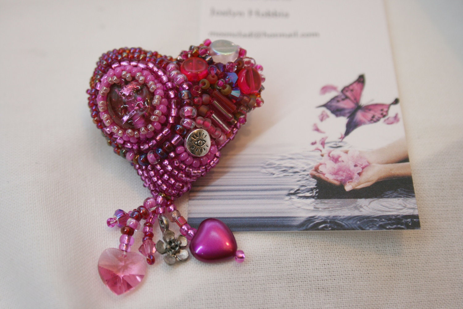Beaded Heart Pin Brooch Pink Beads Crystals and Charms