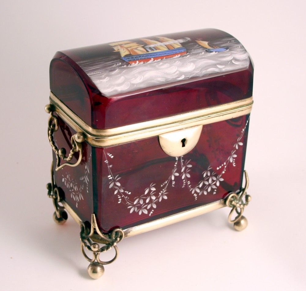 1850 French Baccarat Bercy Paris Purple Opaline Glass and Enamel Crystal Casket Box with Fine Dore Bronze Mounts