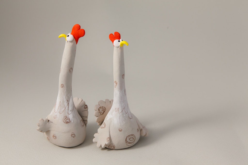 Stoneware Sculpture "Two Suspicious Chickens", Handmade Ceramic Animal Figure by MURTIGA