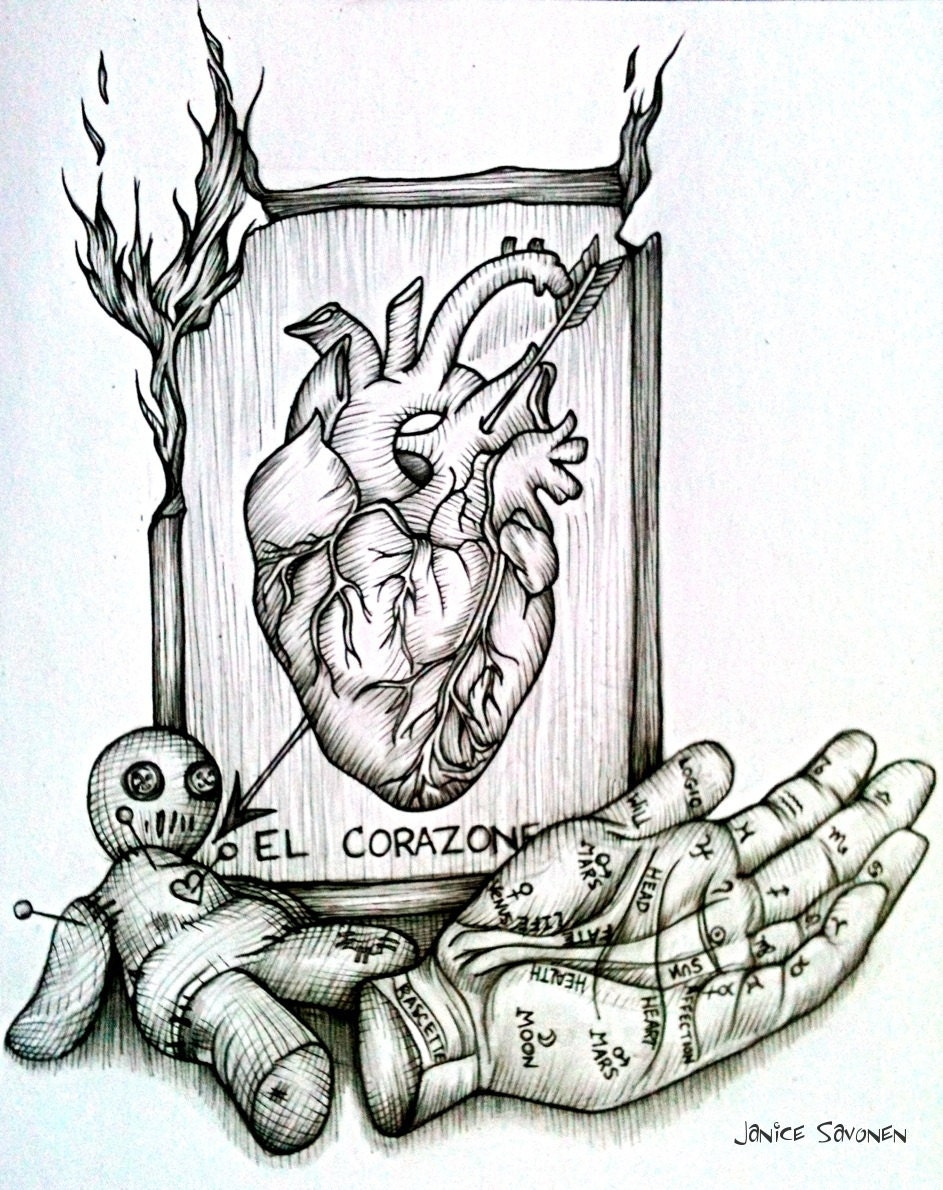 Originial Fine ARt Drawing, El Corazon,  Illustration, Pen and Ink, heart, Palm reading, Voodoo doll,  Fine Art printed on Recycled paper