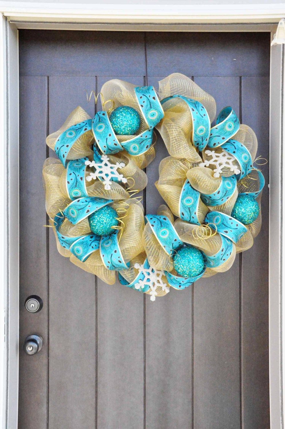 Gold and Teal Peacock Ribbon and Tulle Mesh Christmas Wreath
