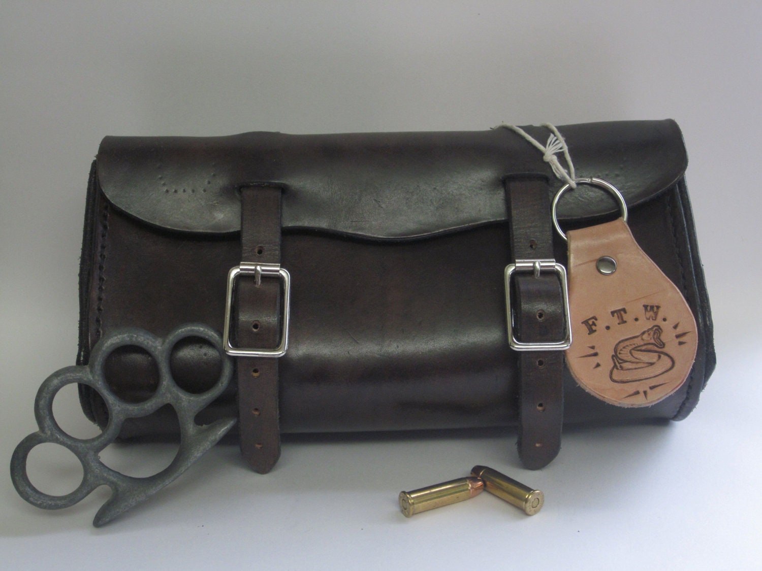 Handmade dark brown leather motorcycle bicycle tool bag