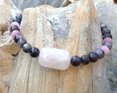25% Off Original Price - Bracelet Beaded with Rose Quartz, Pink Cats Eye, and Jet Black Shell