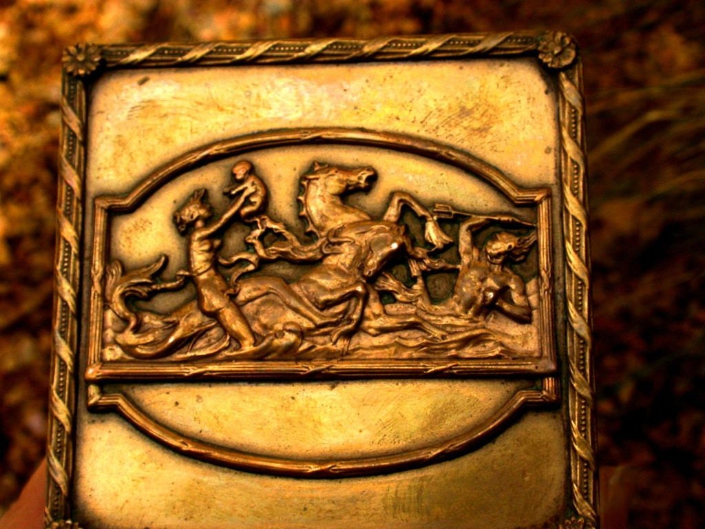 French antique  jewelry casket early 1900's jewelry box Mythological design horse baby dragon Poseidon sea view Gilt Box bronze Repousse