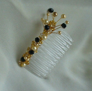 Gold and Black Beaded Crystal Hair Comb- Burlesque Comb, Gold Bellydancing Comb, Distinctive, Art Deco Wedding