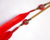 Handmade Millefiori Chain Feather Earring - Red / Green / Gold - Single Earring