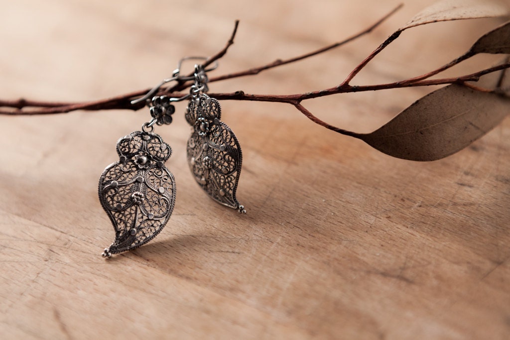 Sterling Silver Filigree Earrings "Small Heart", Handmade Tradicional Jewelry