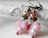 Beaded Earrings Pink Glass Bead Dangles Rustic Leaf Antiqued Bronze Vintage Style Beaded Jewelry Handmade