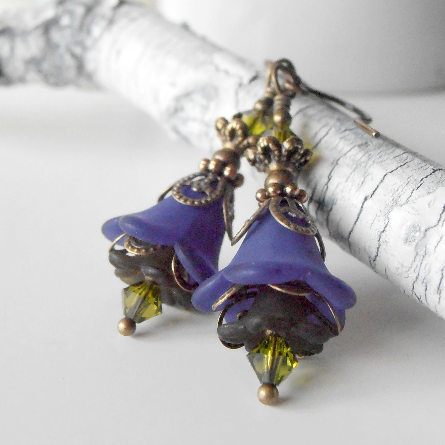 Earrings Blue Violet Lucite Flower Dangles Olive Green Crystal Vintage Style Beaded Jewelry Antiqued Bronze Filigree Handmade Jewellery