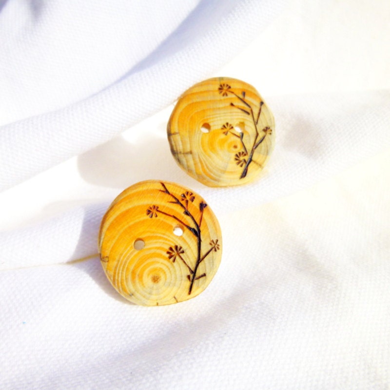 1" Tree Branch Button, Set of Two, Pyrography/ Wood Burning , Rustic Dogwood Branch Design, Natural/ Eco Friendly Wood Button
