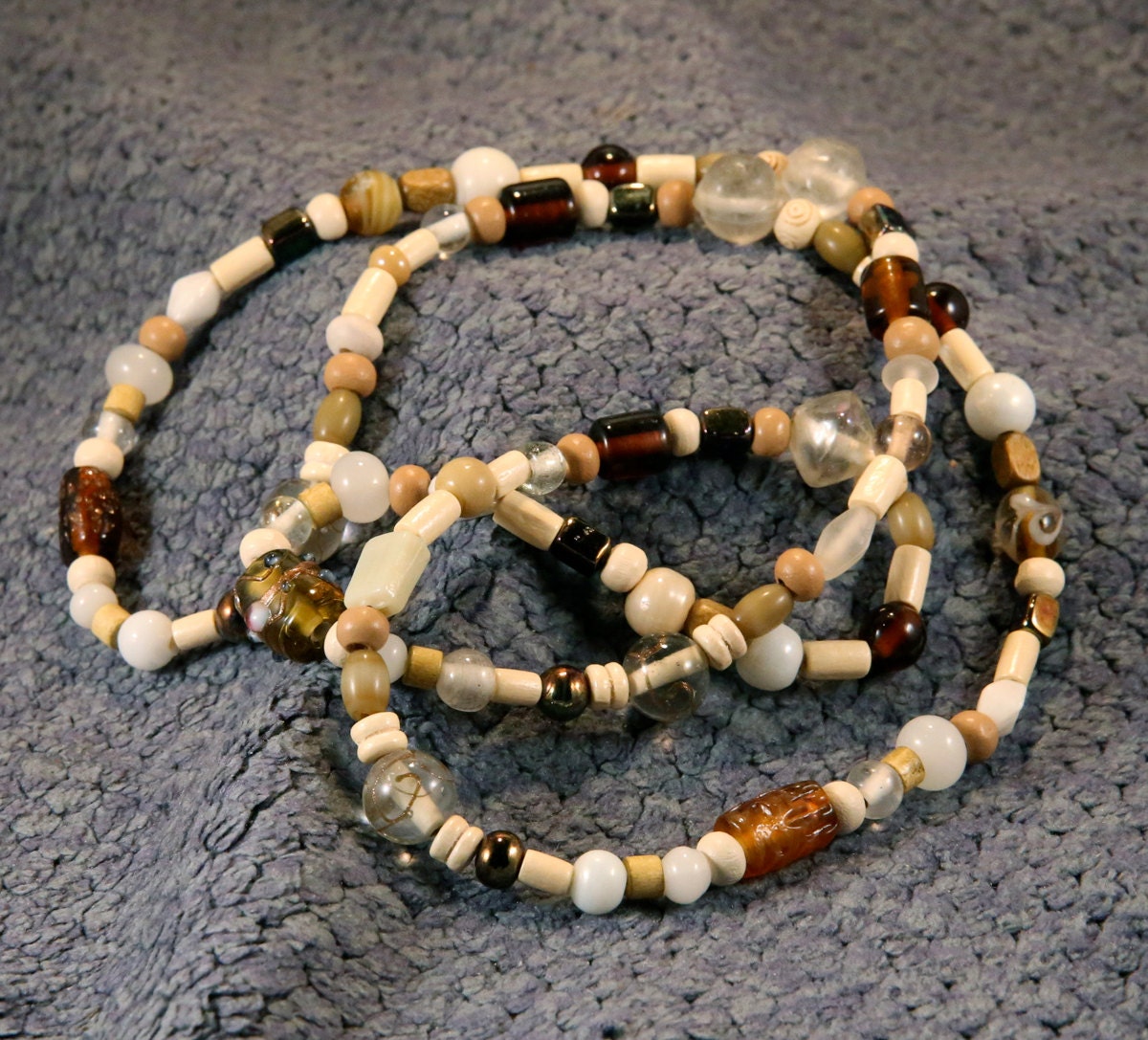 Earthtones, Amber, Tan, Brown, Cream Glass & Wooden Beads 32 inch Necklace Earthy Handmade