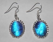 Real Blue Morpho Butterfly Wing Oval Glass Dome Silver Plated Earrings
