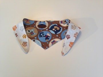 Tie-on Dog Bandana in Blue and Brown Dogs & Brownish Paw Prints - XSmall or Small