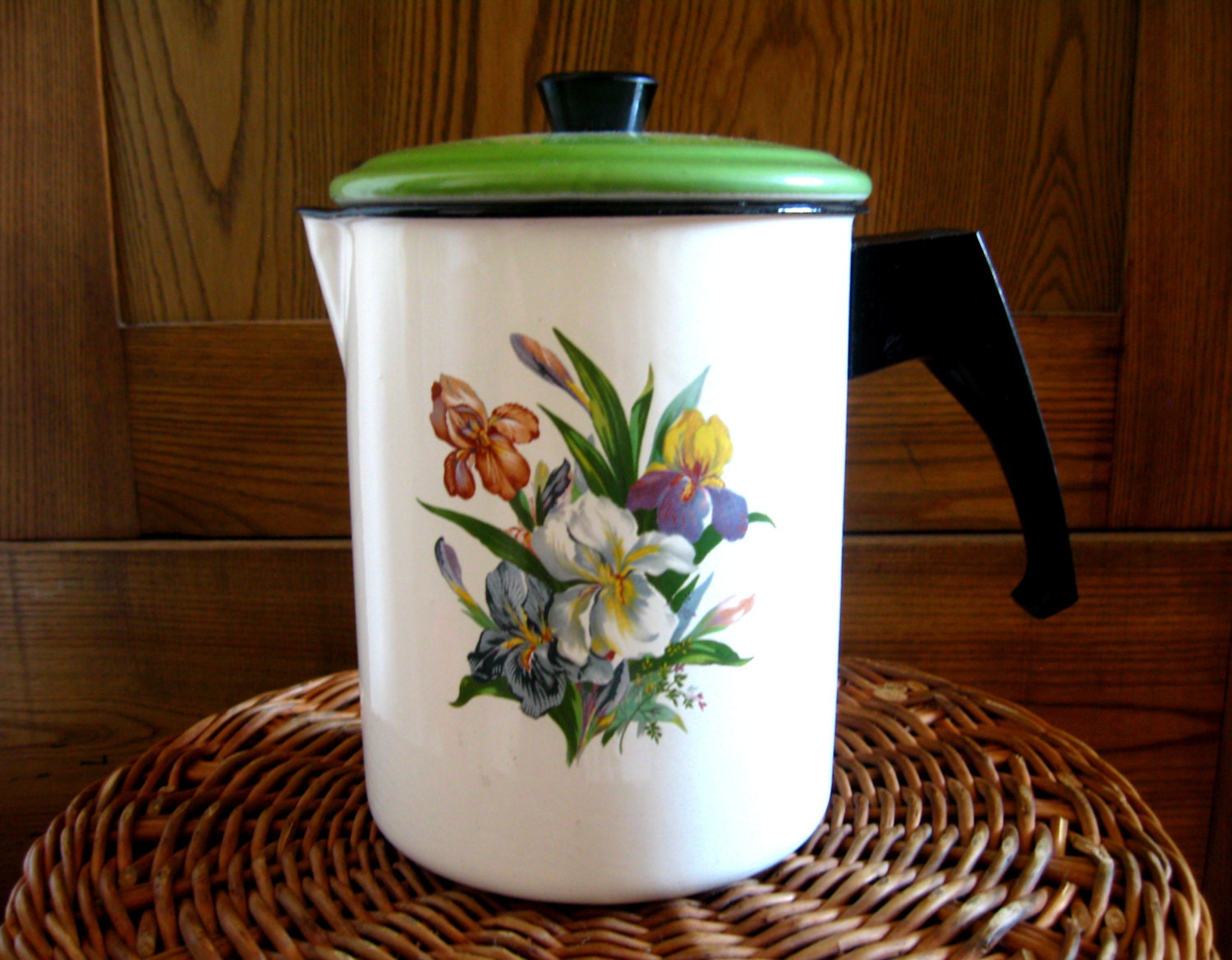 Soviet Vintage Enamel Tea Kettle White Iris Flowers Farmhouse Kitchen Enamelware USSR era Made in Latvia Riga