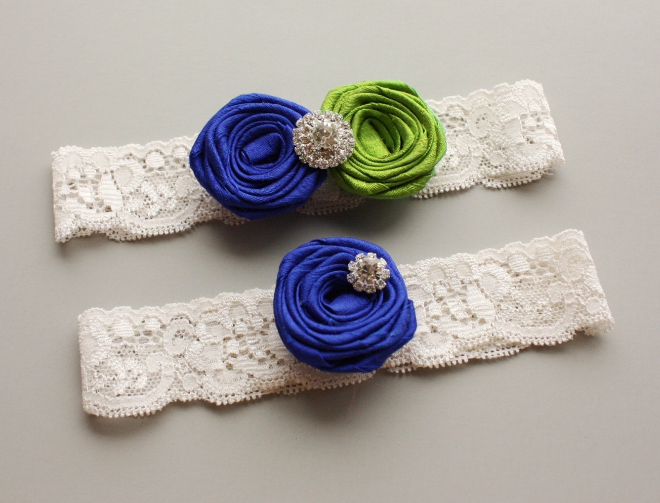 CHOOSE YOUR COLORS - Ivory Lace Bridal Garter Set with Royal Blue & Apple Green Silk Roses - Wedding Garter with Toss Garter - "Chloe"