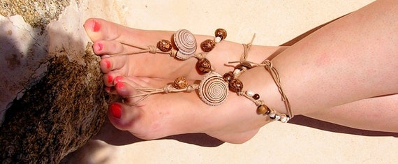 Barefoot sandals, Earth tones with shells and pearl. barefoot sandles, crochet barefoot sandals, , anklet  hippie shoes